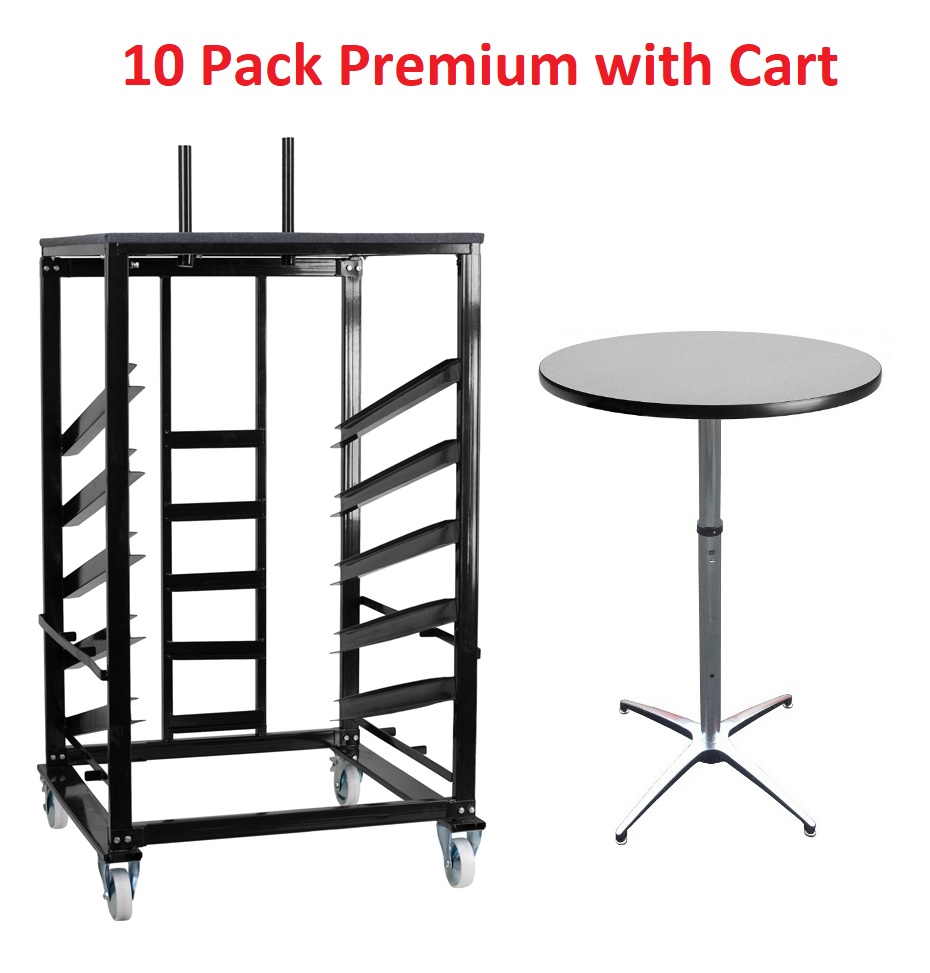 10 Pack Premium 30 Round Adjustable Height Cocktail Tables with Cart