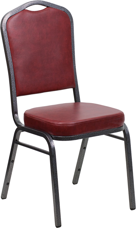 LOT 40 CROWN BACK STACKING BANQUET CHAIRS W/ BURGUNDY VINYL & SILVER VEIN FRAME 